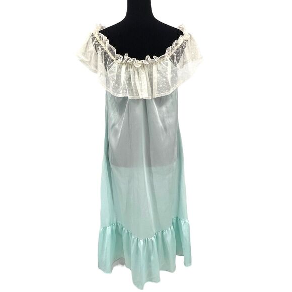 Vintage Lily Of France Ivory Crochet Lace Trim Blue Satin‎ Polyester Nightgown - Picture 5 of 8